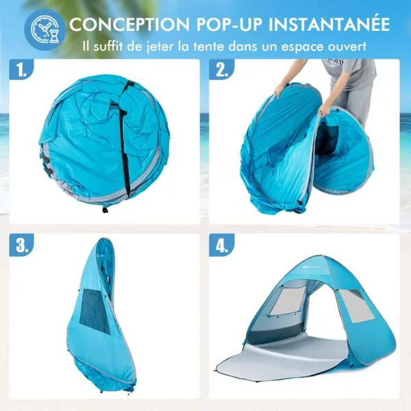 Tente de Camping Pop-up Pliable 4 Personnes avec Sac de Transport Piquets Sacs de Sable Cordes à Vent pour Plage Pique-nique
