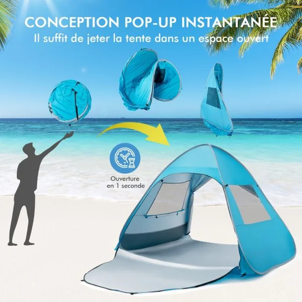 Tente de Camping Pop-up Pliable 4 Personnes avec Sac de Transport Piquets Sacs de Sable Cordes à Vent pour Plage Pique-nique