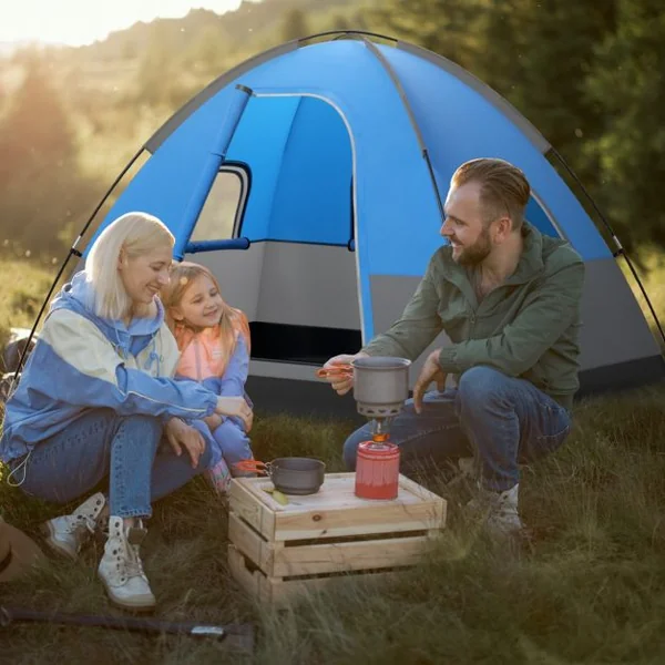 Tente de Camping pour 3 Personnes Tente Dôme avec avec Tapis de Sol Amovible Double Toit Sac de Transport 200x146x130 cm Bleu + Noir