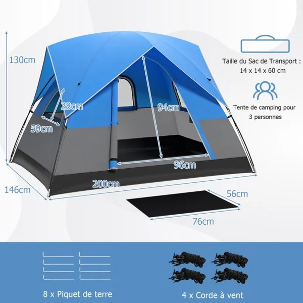 Tente de Camping pour 3 Personnes Tente Dôme avec avec Tapis de Sol Amovible Double Toit Sac de Transport 200x146x130 cm Bleu + Noir