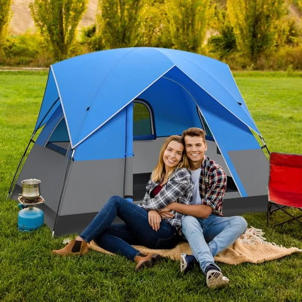Tente de Camping pour 3 Personnes Tente Dôme avec avec Tapis de Sol Amovible Double Toit Sac de Transport 200x146x130 cm Bleu + Noir