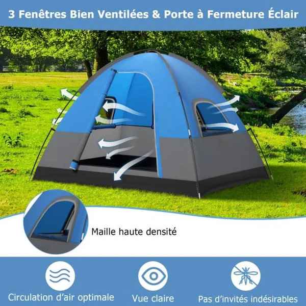 Tente de Camping pour 3 Personnes Tente Dôme avec avec Tapis de Sol Amovible Double Toit Sac de Transport 200x146x130 cm Bleu + Noir