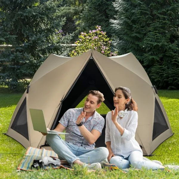 Tente de Camping pour 4-6 Personnes Tente Imperméable à 6 Côtés avec Auvent Puits de Lumière 3 Portes Sac de Transport 285x250x147cm Vert