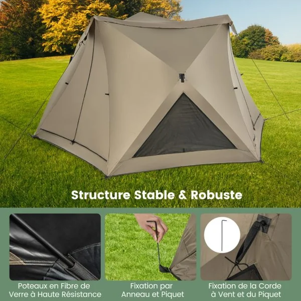 Tente de Camping pour 4-6 Personnes Tente Imperméable à 6 Côtés avec Auvent Puits de Lumière 3 Portes Sac de Transport 285x250x147cm Vert