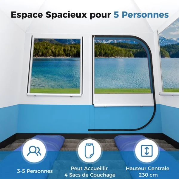 Tente de Camping pour 5 Personnes Tente Dôme Étanche avec Porte et Fenêtres en Maille Sac de Transport 248x248x230cm Bleu + Blanc