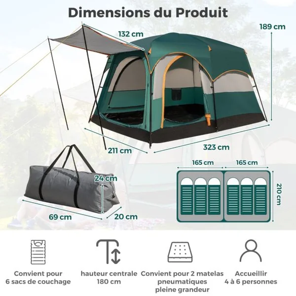Tente de Camping pour 6 Personnes avec 2 Pièces Tente Double Couchage Double Toit Bâche en Pe Fenêtres en Maille Imperméable avec Sac de Transport Vert