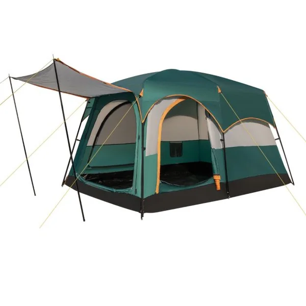 Tente de Camping pour 6 Personnes avec 2 Pièces Tente Double Couchage Double Toit Bâche en Pe Fenêtres en Maille Imperméable avec Sac de Transport Vert