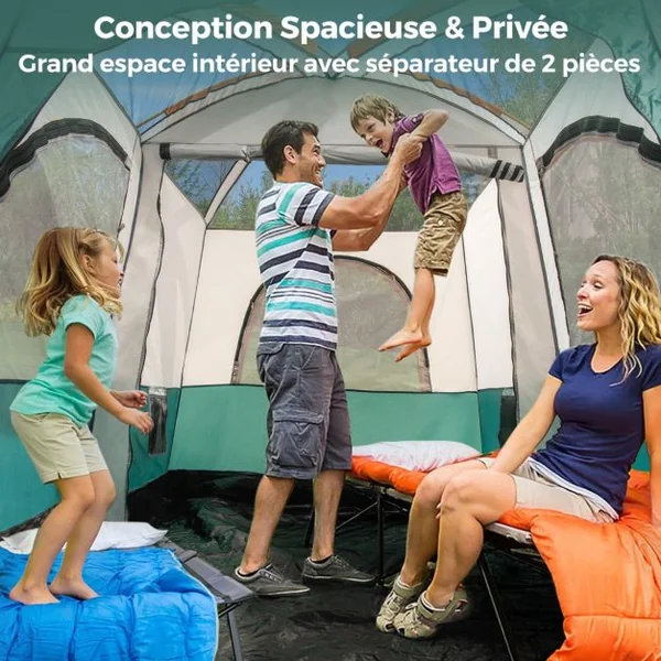 Tente de Camping pour 6 Personnes avec 2 Pièces Tente Double Couchage Double Toit Bâche en Pe Fenêtres en Maille Imperméable avec Sac de Transport Vert