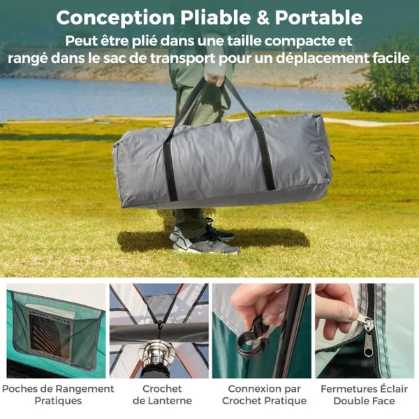Tente de Camping pour 6 Personnes avec 2 Pièces Tente Double Couchage Double Toit Bâche en Pe Fenêtres en Maille Imperméable avec Sac de Transport Vert