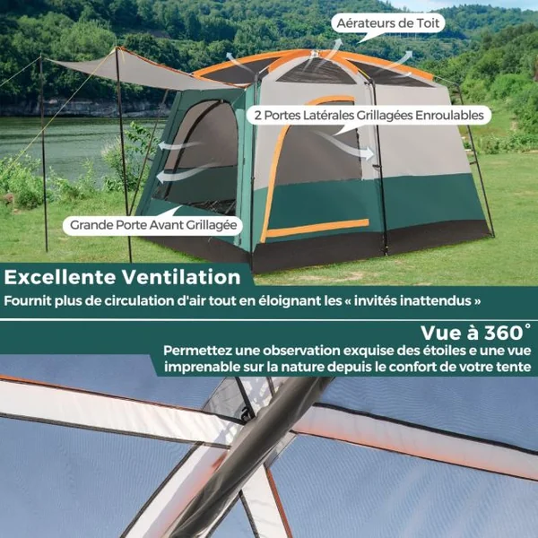Tente de Camping pour 6 Personnes avec 2 Pièces Tente Double Couchage Double Toit Bâche en Pe Fenêtres en Maille Imperméable avec Sac de Transport Vert