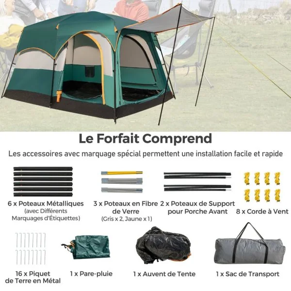 Tente de Camping pour 6 Personnes avec 2 Pièces Tente Double Couchage Double Toit Bâche en Pe Fenêtres en Maille Imperméable avec Sac de Transport Vert