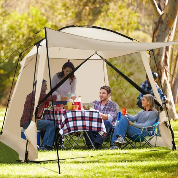 Tente de Camping pour 8-10 Personnes Tente Dôme avec Vestibule et Moustiquaire Porte Zippée Tente Portable avec Sac de Transport 300x300x250cm Beige