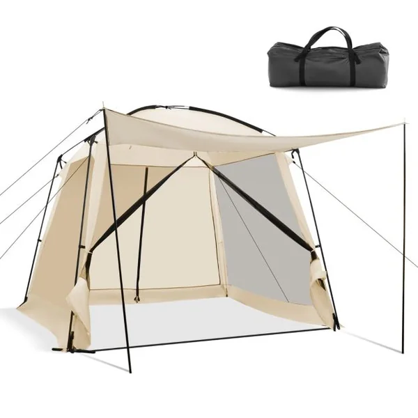 Tente de Camping pour 8-10 Personnes Tente Dôme avec Vestibule et Moustiquaire Porte Zippée Tente Portable avec Sac de Transport 300x300x250cm Beige
