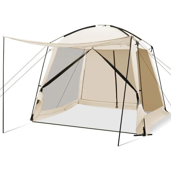 Tente de Camping pour 8-10 Personnes Tente Dôme avec Vestibule et Moustiquaire Porte Zippée Tente Portable avec Sac de Transport 300x300x250cm Beige
