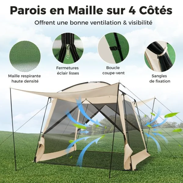 Tente de Camping pour 8-10 Personnes Tente Dôme avec Vestibule et Moustiquaire Porte Zippée Tente Portable avec Sac de Transport 300x300x250cm Beige