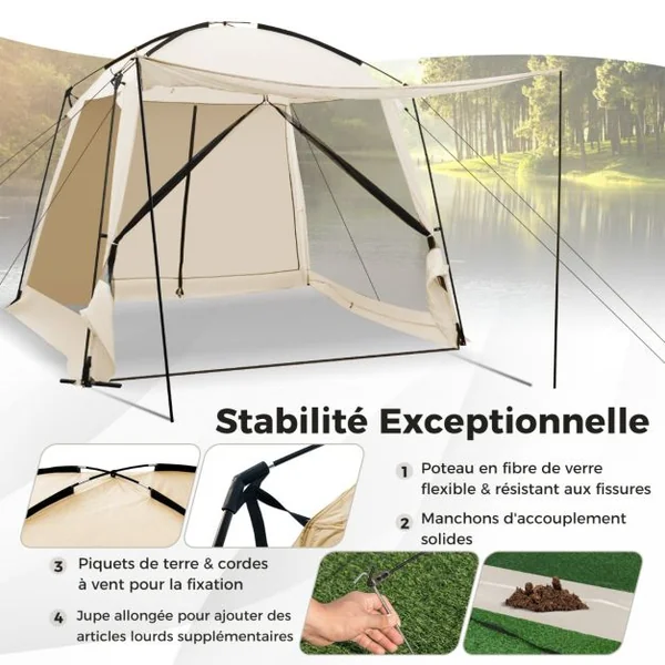 Tente de Camping pour 8-10 Personnes Tente Dôme avec Vestibule et Moustiquaire Porte Zippée Tente Portable avec Sac de Transport 300x300x250cm Beige