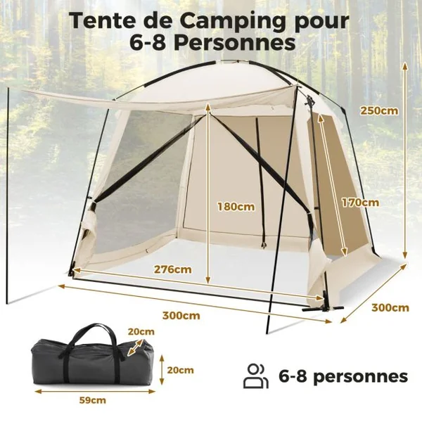 Tente de Camping pour 8-10 Personnes Tente Dôme avec Vestibule et Moustiquaire Porte Zippée Tente Portable avec Sac de Transport 300x300x250cm Beige