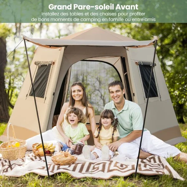 Tente de Camping à Ouverture Instantanée avec Support Automatique Tente Double Couchage Double Toit Imperméable Coupe-Vent Sac de Transport Beige
