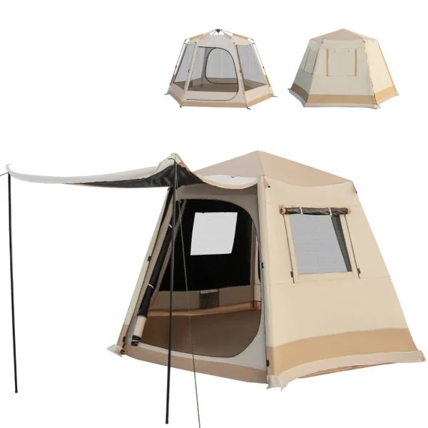 Tente de Camping à Ouverture Instantanée avec Support Automatique Tente Double Couchage Double Toit Imperméable Coupe-Vent Sac de Transport Beige