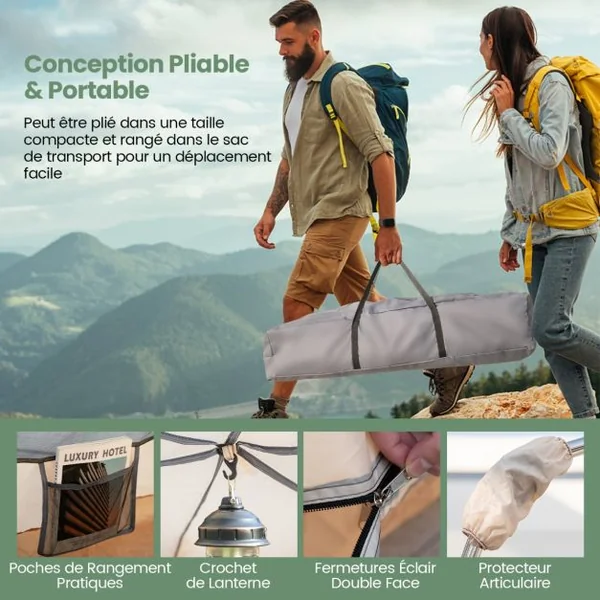 Tente de Camping à Ouverture Instantanée avec Support Automatique Tente Double Couchage Double Toit Imperméable Coupe-Vent Sac de Transport Beige
