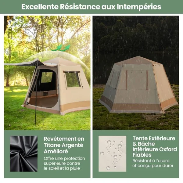 Tente de Camping à Ouverture Instantanée avec Support Automatique Tente Double Couchage Double Toit Imperméable Coupe-Vent Sac de Transport Beige