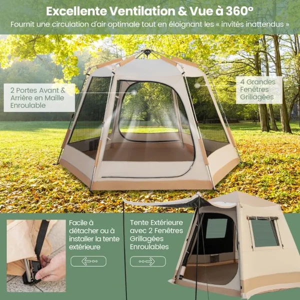 Tente de Camping à Ouverture Instantanée avec Support Automatique Tente Double Couchage Double Toit Imperméable Coupe-Vent Sac de Transport Beige