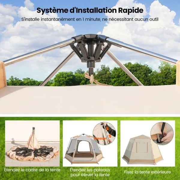 Tente de Camping à Ouverture Instantanée avec Support Automatique Tente Double Couchage Double Toit Imperméable Coupe-Vent Sac de Transport Beige