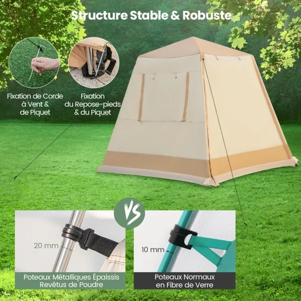 Tente de Camping à Ouverture Instantanée avec Support Automatique Tente Double Couchage Double Toit Imperméable Coupe-Vent Sac de Transport Beige