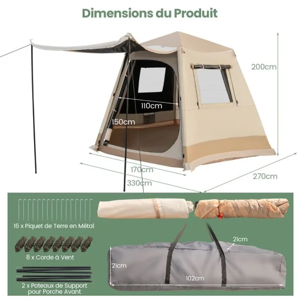 Tente de Camping à Ouverture Instantanée avec Support Automatique Tente Double Couchage Double Toit Imperméable Coupe-Vent Sac de Transport Beige