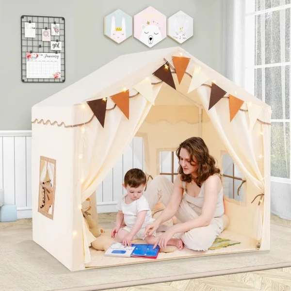 Tente de Jeu avec 2 Portes Ouvrantes Lumières Etoilées Fanions à Carreaux Tapis En Coton Lavable en Machine pour 3 Ans et Plus Beige