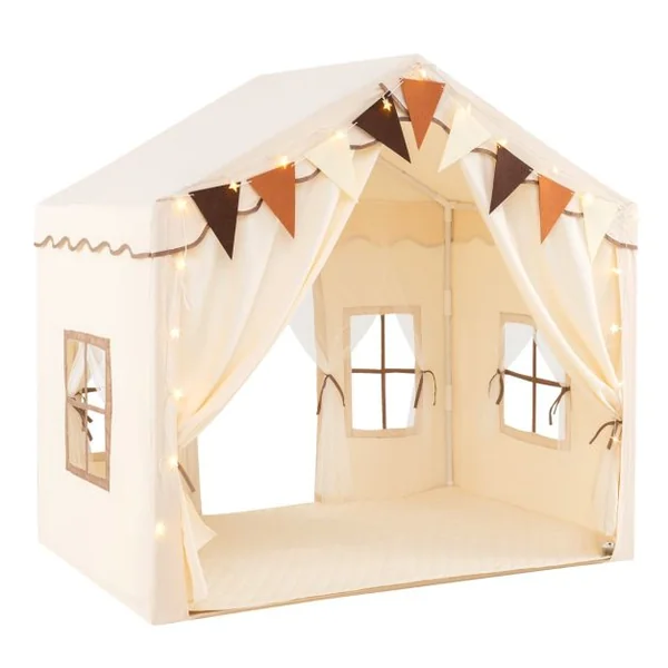 Tente de Jeu avec 2 Portes Ouvrantes Lumières Etoilées Fanions à Carreaux Tapis En Coton Lavable en Machine pour 3 Ans et Plus Beige