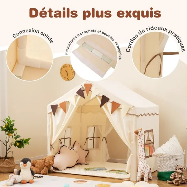 Tente de Jeu avec 2 Portes Ouvrantes Lumières Etoilées Fanions à Carreaux Tapis En Coton Lavable en Machine pour 3 Ans et Plus Beige