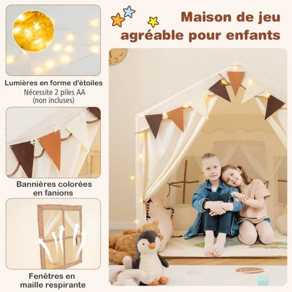 Tente de Jeu avec 2 Portes Ouvrantes Lumières Etoilées Fanions à Carreaux Tapis En Coton Lavable en Machine pour 3 Ans et Plus Beige