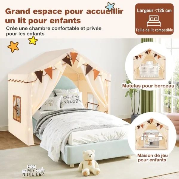 Tente de Jeu avec 2 Portes Ouvrantes Lumières Etoilées Fanions à Carreaux Tapis En Coton Lavable en Machine pour 3 Ans et Plus Beige