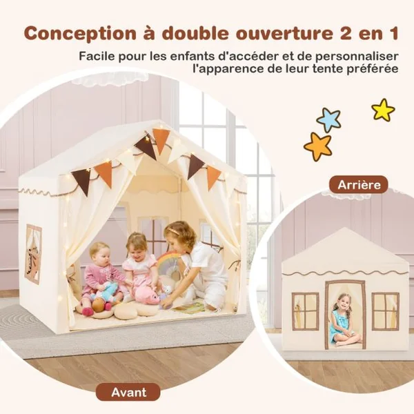 Tente de Jeu avec 2 Portes Ouvrantes Lumières Etoilées Fanions à Carreaux Tapis En Coton Lavable en Machine pour 3 Ans et Plus Beige