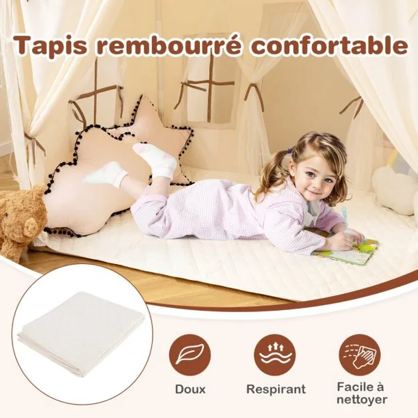 Tente de Jeu avec 2 Portes Ouvrantes Lumières Etoilées Fanions à Carreaux Tapis En Coton Lavable en Machine pour 3 Ans et Plus Beige
