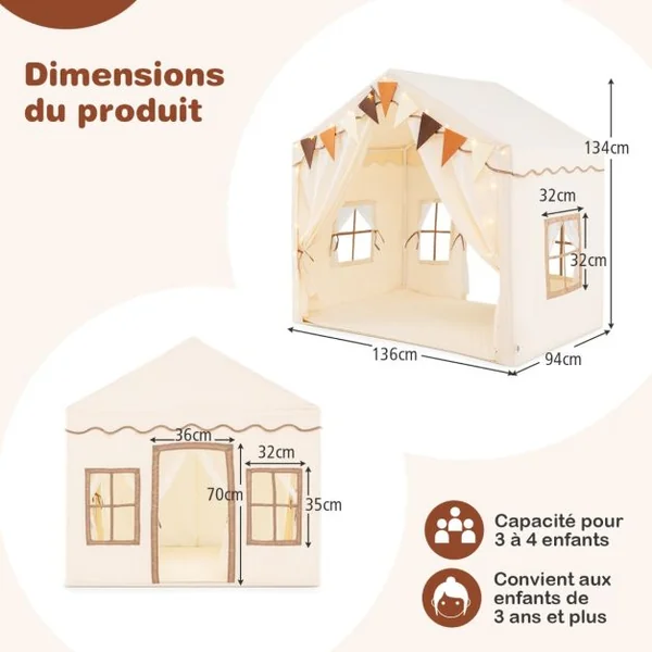 Tente de Jeu avec 2 Portes Ouvrantes Lumières Etoilées Fanions à Carreaux Tapis En Coton Lavable en Machine pour 3 Ans et Plus Beige
