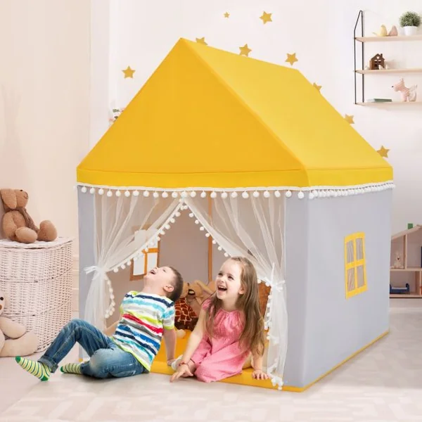 Tente de Jeu Enfant Château Intérieur Cadre en Bois Couverture en Coton Bleu/Rose/Jaune/Café