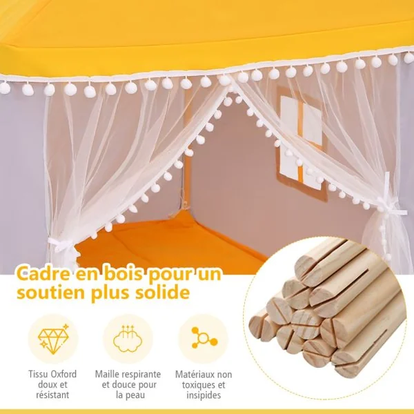 Tente de Jeu Enfant Château Intérieur Cadre en Bois Couverture en Coton Bleu/Rose/Jaune/Café