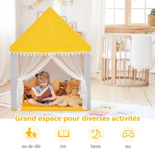 Tente de Jeu Enfant Château Intérieur Cadre en Bois Couverture en Coton Bleu/Rose/Jaune/Café