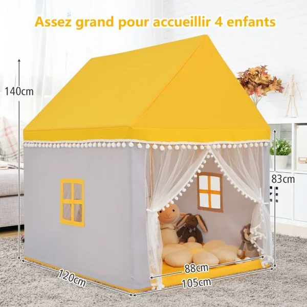 Tente de Jeu Enfant Château Intérieur Cadre en Bois Couverture en Coton Bleu/Rose/Jaune/Café