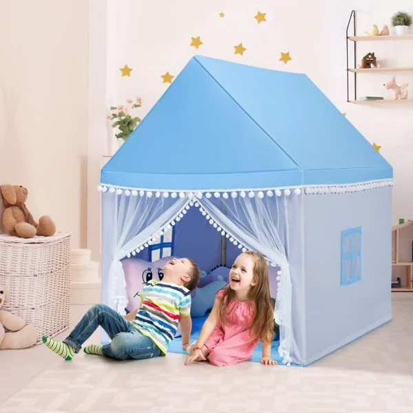 Tente de Jeu Enfant Château Intérieur Cadre en Bois Couverture en Coton Bleu/Rose/Jaune/Café