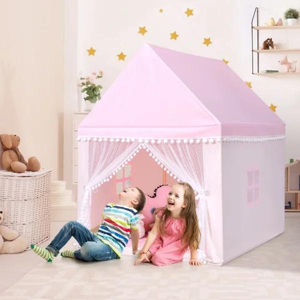 Tente de Jeu Enfant Château Intérieur Cadre en Bois Couverture en Coton Bleu/Rose/Jaune/Café