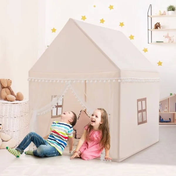 Tente de Jeu Enfant Château Intérieur Cadre en Bois Couverture en Coton Bleu/Rose/Jaune/Café