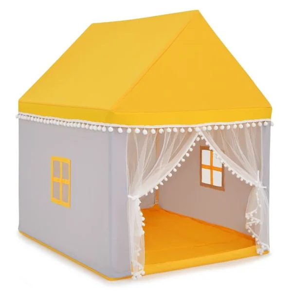 Tente de Jeu Enfant Château Intérieur Cadre en Bois Couverture en Coton Bleu/Rose/Jaune/Café
