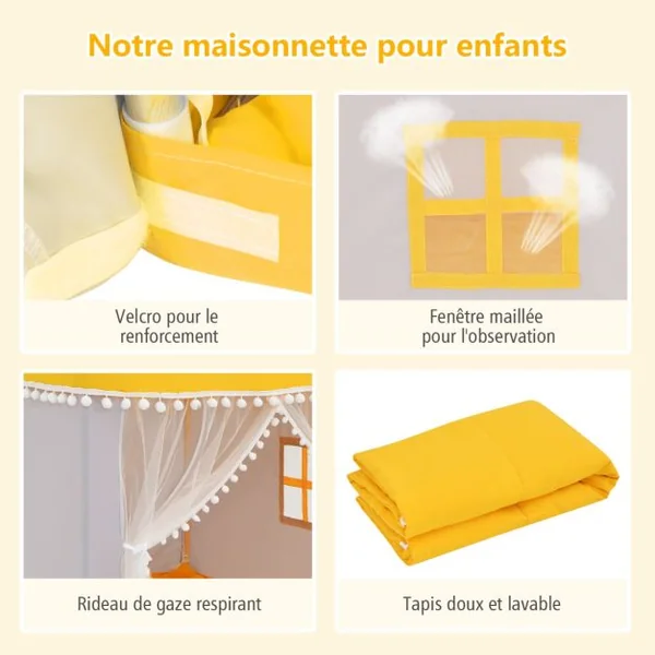 Tente de Jeu Enfant Château Intérieur Cadre en Bois Couverture en Coton Bleu/Rose/Jaune/Café