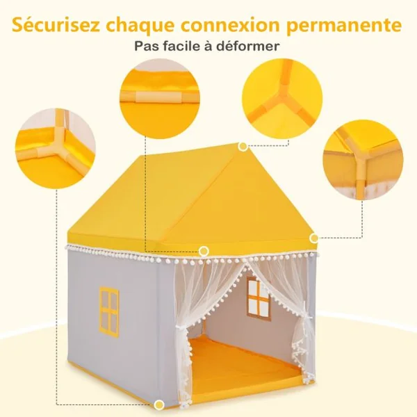 Tente de Jeu Enfant Château Intérieur Cadre en Bois Couverture en Coton Bleu/Rose/Jaune/Café