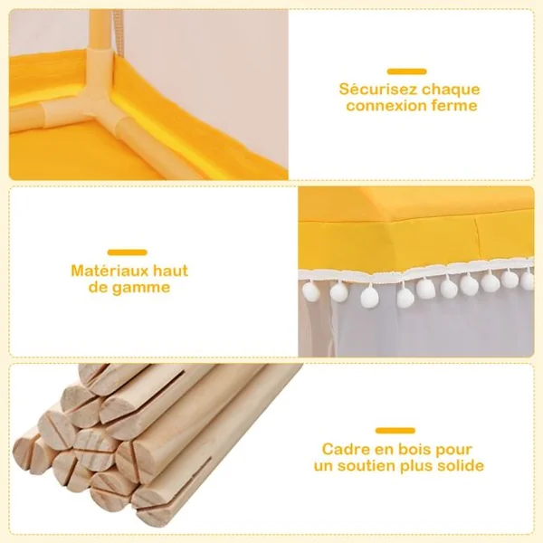 Tente de Jeu Enfant Château Intérieur Cadre en Bois Couverture en Coton Bleu/Rose/Jaune/Café