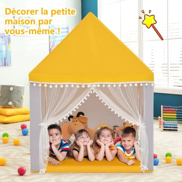 Tente de Jeu Enfant Château Intérieur Cadre en Bois Couverture en Coton Bleu/Rose/Jaune/Café