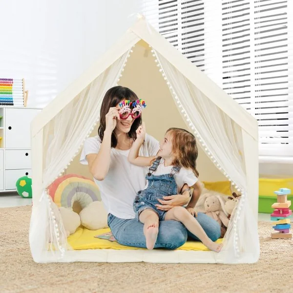 Tente de Jeu Enfants avec Lumières d'Étoiles Tapis en Coton Lavable Cadeau pour Garçons et Filles 122 x 105 x 125 CM Beige